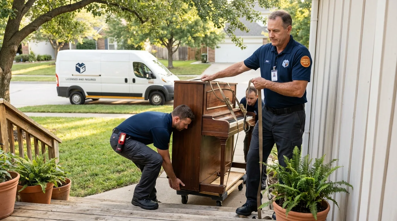 Licensed piano movers securing grand piano in Dinuba, CA