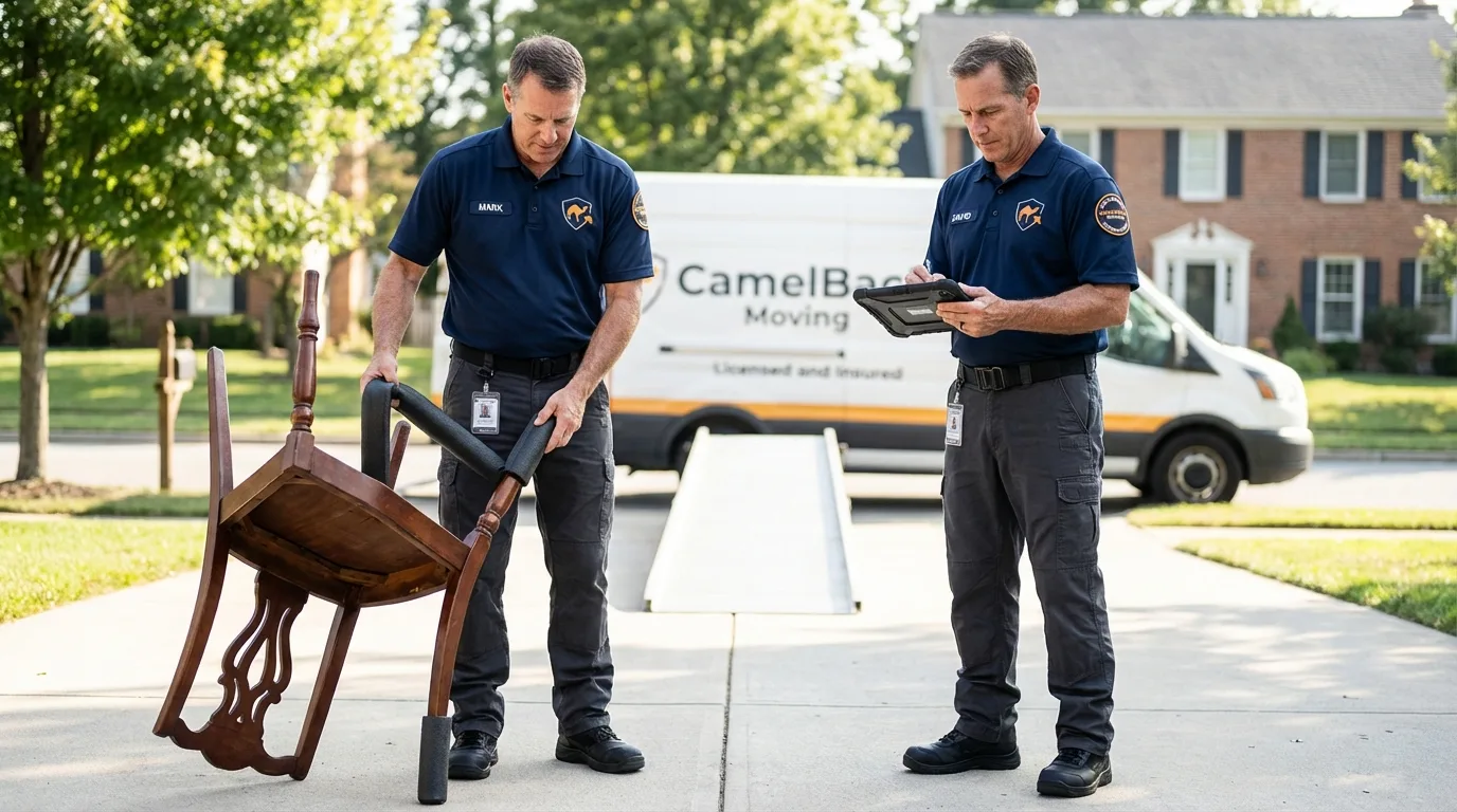 Movers inspecting furniture for damage prevention before loading in Dinuba, CA