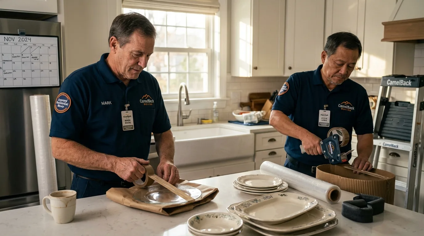 Professional crew packing kitchen dishware in Dinuba, CA